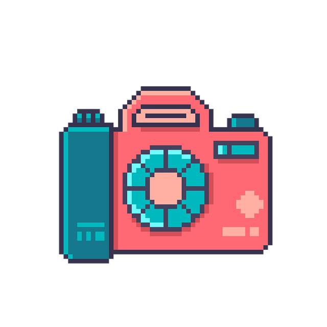 A pink and green pixel art camera