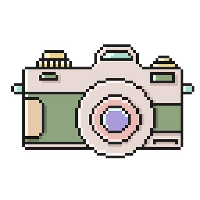 A beige and green pixel art camera